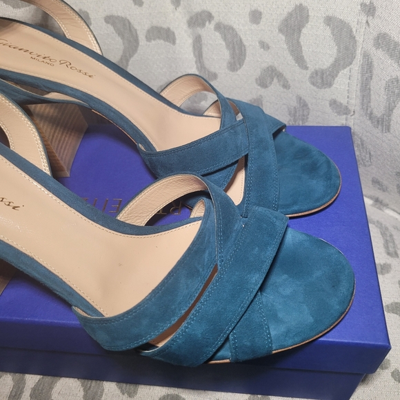 Gianvito Rossi Suede Crisscross Block Heel  Blue Teal Open Toe NEW - Picture 10 of 10